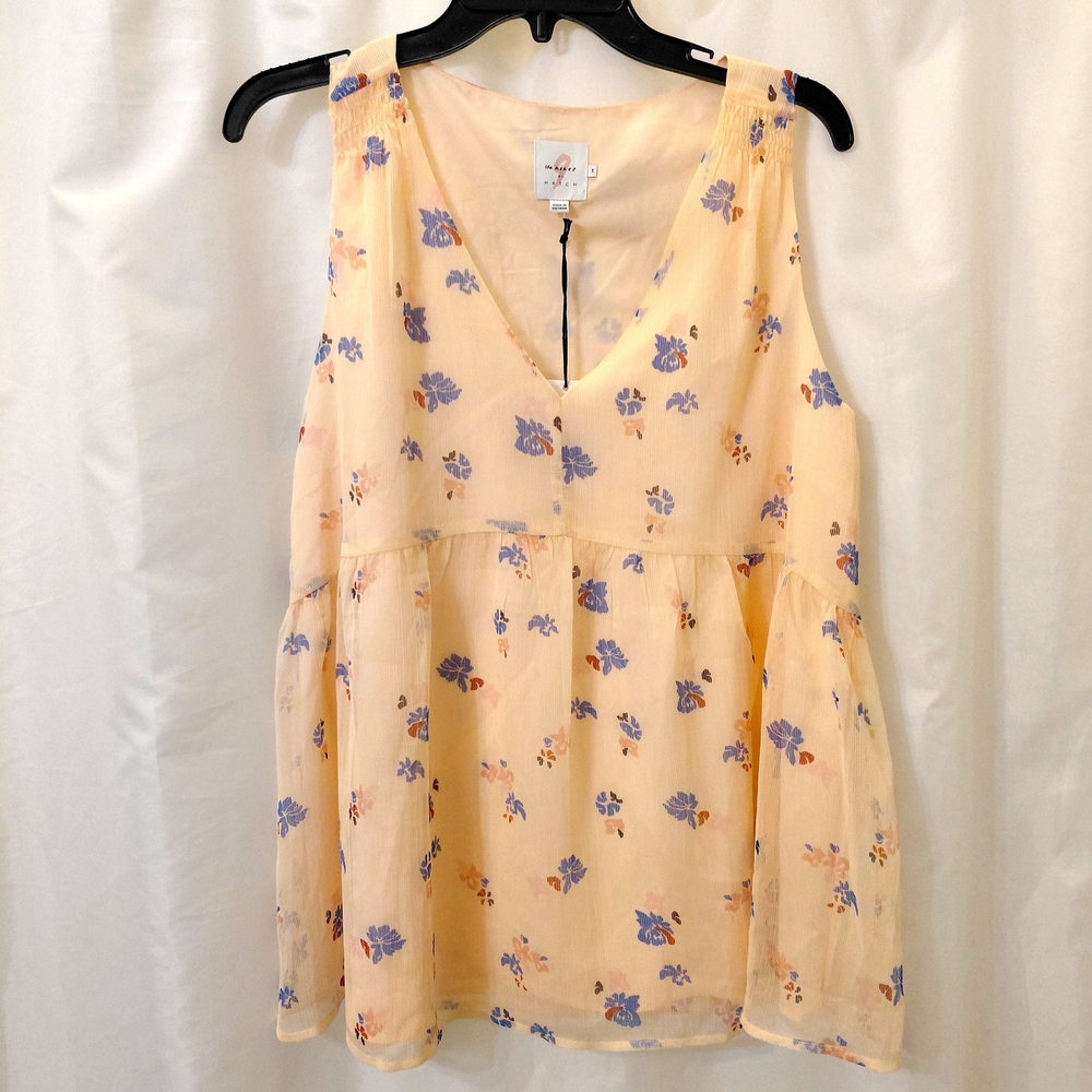 NWT  The Nines by HATCH Peach Floral V-Neck Sleeveless Babydoll Tank Lined Sheer